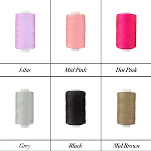 May include: Ten spools of thread in various colors, including grape purple, lilac, mid pink, hot pink, burgundy, white, grey, black, mid brown, and chocolate brown.