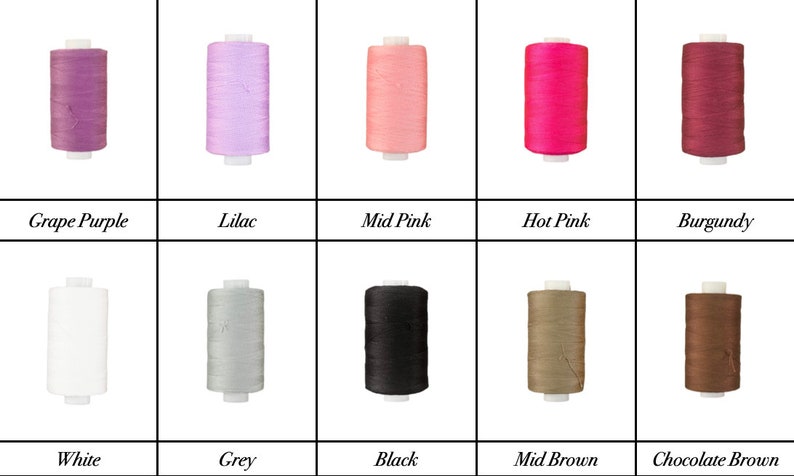 May include: Ten spools of thread in various colors, including grape purple, lilac, mid pink, hot pink, burgundy, white, grey, black, mid brown, and chocolate brown.