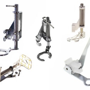 May include: Five different sewing machine feet, including a walking foot, a zipper foot, a blind stitch foot, a free motion foot, and a spring-loaded foot.