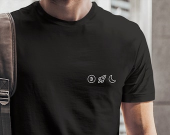 Shirt Bitcoin Rocket Moon, crypto T-shirt with icon print on the chest, lightweight unisex T-shirt made of cotton, gift for nerds