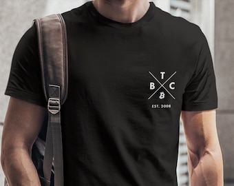 Bitcoin Shirt, Krypto T-Shirt mit X-Logo BTC auf der Brust, leichtes Unisex Tshirt aus Baumwolle, Geschenk für Nerds, Blockchain Merch