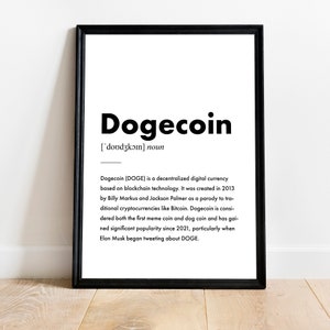 Dogecoin Poster Definition English, minimalist crypto poster in various sizes WITHOUT frame, gift for nerds, blockchain merch