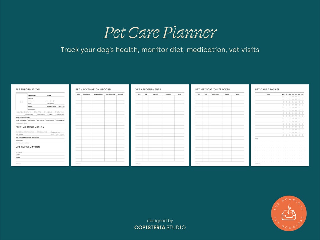 Printable Pet Planner Pet Care Sheets Pet Organizer Dog - Etsy