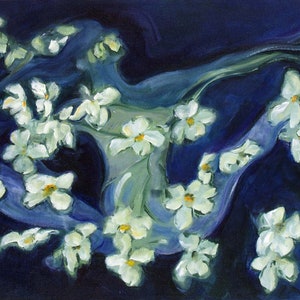 May include: Abstract painting of white flowers on a dark blue background. The flowers are painted in a loose, impressionistic style, with soft edges and flowing lines. The background is a deep, rich blue, creating a sense of depth and mystery.
