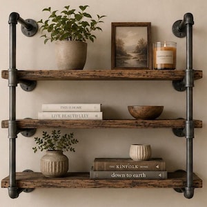 May include: A rustic, three-tiered shelf unit with dark metal piping and distressed wooden shelves. The shelves display a potted plant, framed artwork, a candle, books, and decorative bowls and vases. The text on the books reads "THIS IS HOME", "LIVE BEAUTIFULLY", "THE KINFOLK HOME", and "down to earth".
