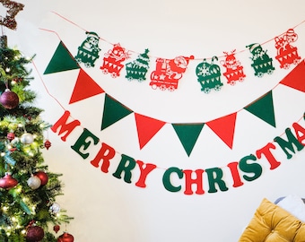 Christmas Train Bunting, Xmas Tree Santa Deer Decor, Merry Christmas Banner Sign, Christmas Bunting, Christmas Wall Decoration, Banner Decor