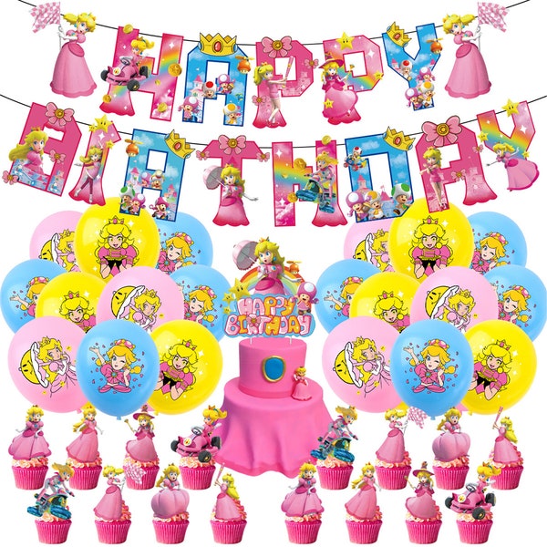 Princess Peach Birthday Party Supplies, Decor Set Include Princess Peach Birthday Banner, Princess Peach Balloon, Princess Peach Cake Topper