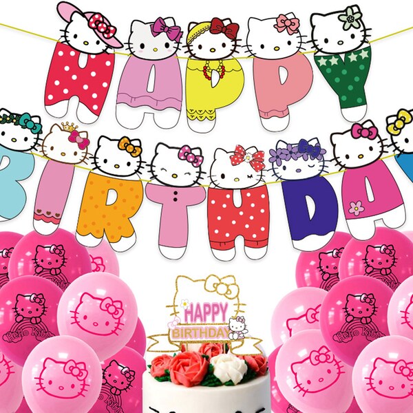 KT Cat Birthday Party Decors, Pink Cat Birthday Banners, 10pcs HK Cat Birthday Balloons, Kitty Cat Birthday Party Supplies, Party Favors