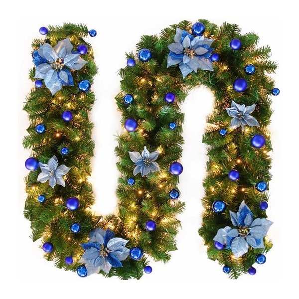 Guirlande de Noël lumineuse bleue 9 pi, guirlande de Noël artificielle pré-éclairée de 270 cm, guirlande à piles avec 30 lumières LED pour arbre de Noël