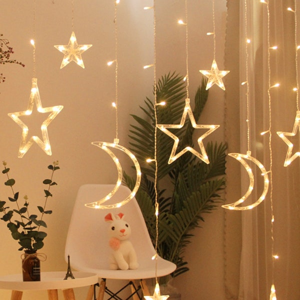 Guirlande lumineuse lune et étoiles, lumières de fête de Noël, rideaux lumineux, décoration de chambre à coucher, décoration d'intérieur, accessoires de chambre à coucher, éclairage de chambres