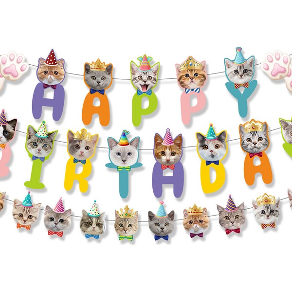 Cat Birthday Banners, Cat Birthday Buntings, Kawaii Banners, Cat Happy Birthday Letter Banners, Cat Themed Birthday Hanging Bunting Garland