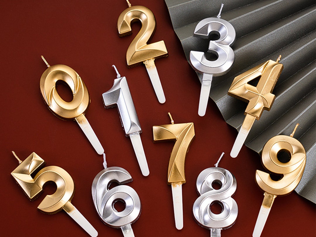 Birthday Number Candles, Numeral Birthday Cake Candles, Silver / Gold Glitter 3D Diamond Shape