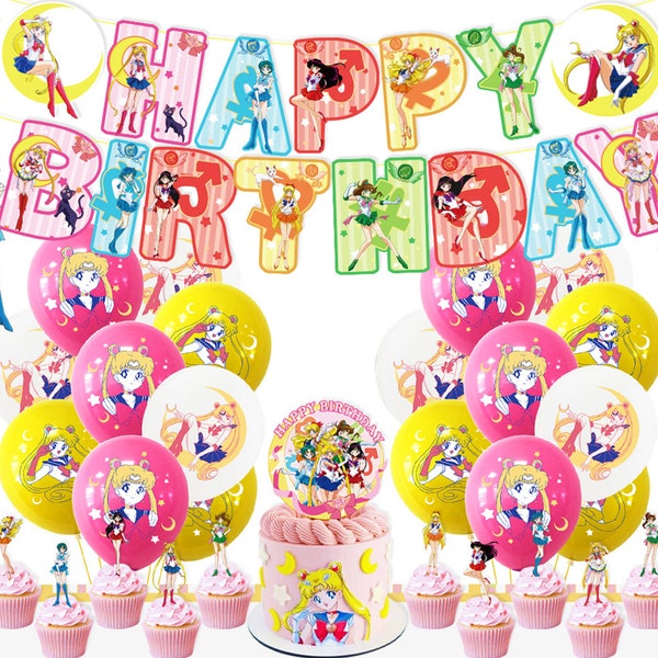 Sailor Moon Birthday Cake Toppers, Sailor Moon Birthday Balloons 12pcs, Sailor Moon Birthday Banners, Sailor Moon Theme Party Birthday Decor