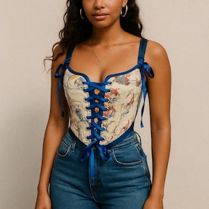 Royal Blue Satin Lace Corset Handmade Bodice, Cottagecore Corset, Renaissance Fair Waist Cincher, Fantasy Photoshoot Top/Bustier