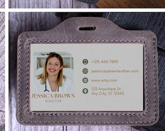 May include: Three brown leather ID badge holders with different designs. The first holder has the initials "CB" in a circle. The second holder has the text "CONTE BENELLI CEO ID: 123-456-7890 www.etsy.com". The third holder has the text "JESSICA BROWN DOCTOR +123-456-7890 jessica@beerleather.com www.etsy.com 123 Anywhere St. Any City, ST 12545".