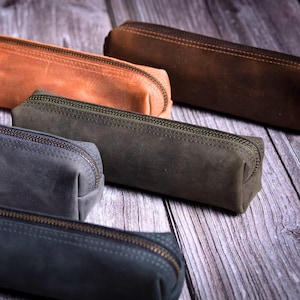 Handmade Leather Pencil Case Personalized Pencil Organizer Genuine Leather Pen Case Leather Pen Holder Zipper Pouch Customized Makeup Bag