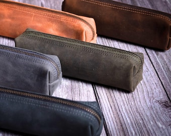 Handmade Leather Pencil Case, Personalized Zipper Pen Organizer, Custom Leather Makeup Bag, Artist Pencil Pouch, Teacher Gift