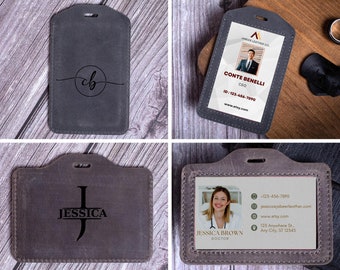 Personalized Leather ID Badge Holder, Handmade Vertical Name Tag Case, Custom Card Holder, Teacher Gift, Nurse Badge Reel, Office Gift