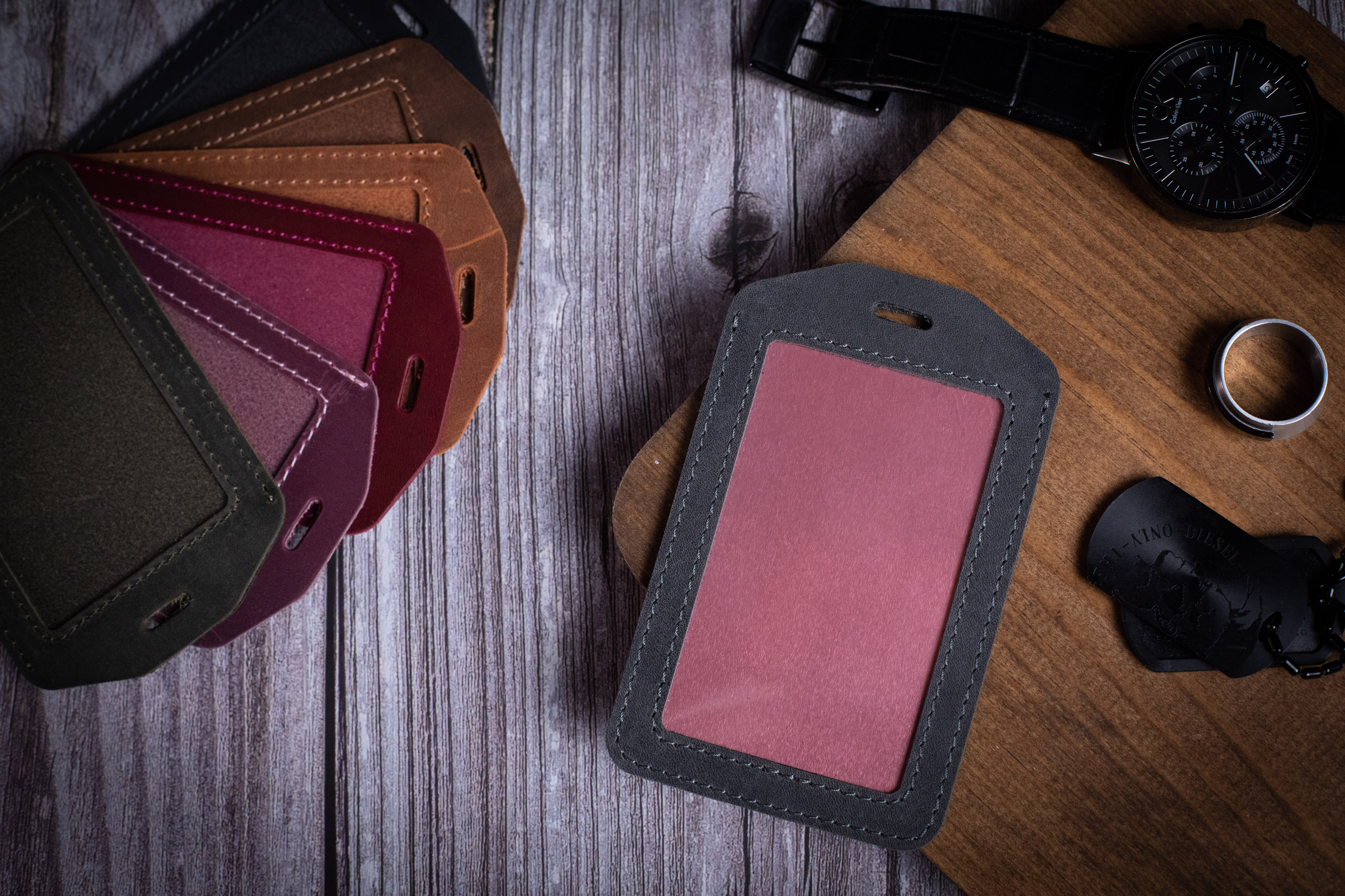 Engraved Leather ID Card Holder Horizontal Badge Holder Etsy