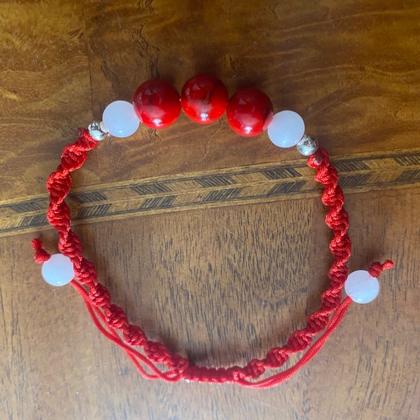 Red howlite and white jade twisted braided bracelet.