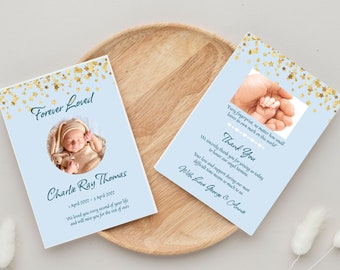 May include: A blue and gold sympathy card with a photo of a baby and the text "Forever Loved" and "Charlie Ray Thomas". The card also includes the dates "1 April 2022 - 5 April 2022" and the text "We loved you every second of your life and will miss you for the rest of ours."