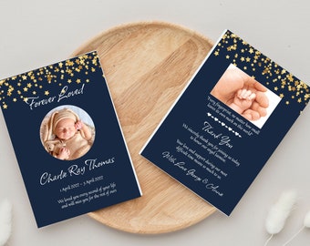 May include: A navy blue card with gold stars and the text "Forever Loved" and "Charlie Ray Thomas" with a photo of a baby. The card also includes the text "1 April 2022 - 3 April 2022" and "We loved you every second of your life and will miss you for the rest of ours."