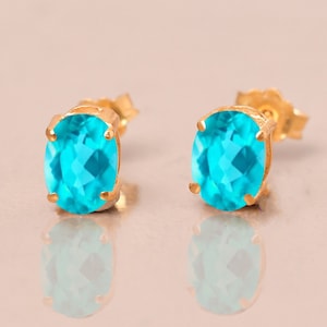 14K Gold Paraiba Tourmaline Earring, Neon Blue Stud Earring, Anniversary Gifts, Oval Shaped Women Earring, Bridal Jewelry, Gifts For Mom