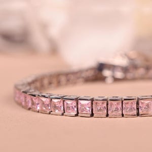Exquisite Pink Sapphire Bracelet, Luxury Fine Jewelry, Square cut Pink Tennis Bracelet, Pink Sapphire Bracelet, Bridal Wedding Gifts for her