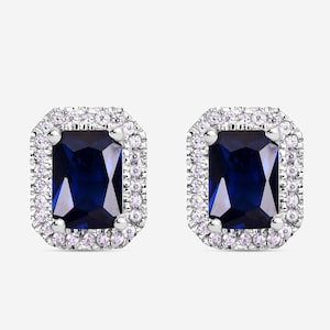 Emerald Cut Blue Sapphire diamond women stud, Created Blue Sapphire, Halo Sapphire Earring, Women&#39;s Earring, Birthday Gifts, Bridal Earrings
