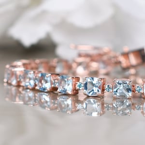 Ice Blue Aquamarine Bracelet, Anniversary Birthday Gifts, birthstone Chain Bracelet, Cushion Aquamarine Bracelet, Women Engagement Gifts