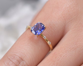 14K Gold Tanzanite Wedding ring, Cushion Shaped Tanzanite Ring, Moissanite Bridal Ring, Engagement Ring, Women Promise Ring, Gifts For love