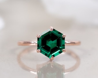 Anillo de compromiso de zafiro verde azulado, anillo de oro rosa de 14 qt, anillo de solitario, anillo de zafiro en forma de hexágono, anillo de zafiro verde azulado, regalo de mujer para ella