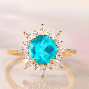 14K Gold Paraiba Turmalin Ring, Verlobungsring Für Sie, Runder Turmalin Ring, Versprechen Ring, Jubiläumsring, Ehering, Neon Blau Grün