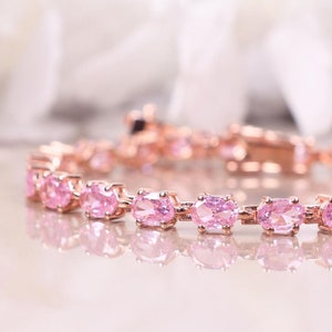 Pink Sapphire Bracelet, Pink Sapphire Glamour Tennis Bracelet, Wedding gift, Feminine Charm Sapphire Bracelet, Bridal jewelry, Gifts for Her