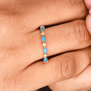 14K Yellow Gold Turquoise Half Eternity Band, Turquoise Wedding band, Promise Ring, Minimalist Turquoise Ring, Anniversary Gifts For Her mom