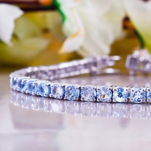 Aquamarine bracelet ,Line Bracelet, Round Cut Gemstone Bracelet, Unique Bracelet, Tennis Bracelet, Women Bracelet, Anniversary Gift ,Jewelry