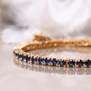 Luxus blauer Saphir Armband, 3 mm Tennis Armband, Saphir Schmuck, einzigartige Hochzeitsgeschenke Brautschmuck, Unisex Armband, Geburtstagsgeschenk