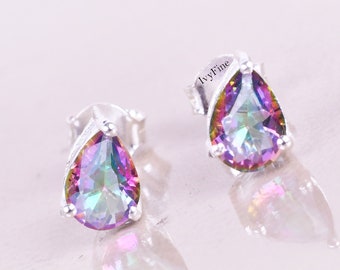 Mystic Topaz Stud Earrings, Studs For Women, Anniversary Gifts, Pear Shaped Rainbow Earrings, Unique Everyday Studs, Mother Daughter Gifts