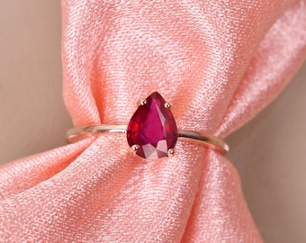 Pear Cut Ruby Ring, Rose Gold Teardrop Ring, July Birthstone