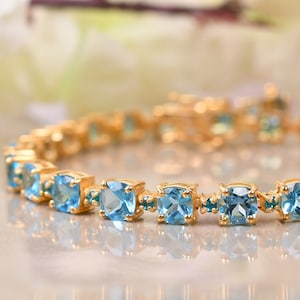 Aquamarine Tennis Bracelet, Birthstone Jewelry, Chain Bracelet, Cushion & Round Aqua Bracelet, Art Deco Vintage Bracelet, Gifts For Daughter