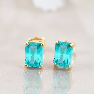 Paraiba Tourmaline Earring, Stud Earring, 14K Gold Earring, Wedding Earring, Octagon Shaped Women Studs, Bridal Jewelry, Anniversary Gifts