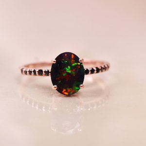 Oval Black Opal engagement Ring, Anniversary Gift For Her, Opal 14k Rose Gold Ring, Silver Opal Ring, Opal Jewelry Daily Wear, Gifts for her