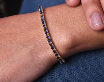 天然ブルーサファイアテニスブレスレット、18Kゴールドブルー