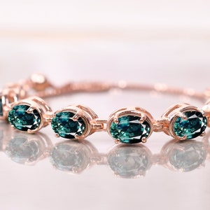 Green Teal Sapphire Bolo Bracelet, Sapphire Chain Bracelet, Rose Gold Bracelet, Wedding Bridal Bracelet, Adjustable Bracelet, Women Jewelry