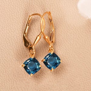 London Blue Topaz Lever back Earrings, Yellow Gold Earrings, Cushion Shape Topaz Earring, Topaz Jewelry, Everyday Earring, Anniversary Gifts