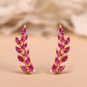 Marquise Ruby Ear Climber Earrings, Sterling Silver Bridal Jewelry