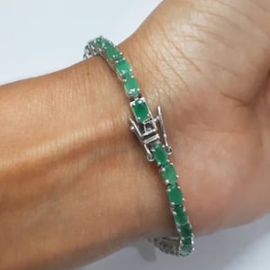 14K Gold Emerald Bracelet Chain, Green Stone Bracelet, Oval Emerald Bracelet, Mother Daughter Gifts, Tennis bracelet, Emerald Women Jewelry