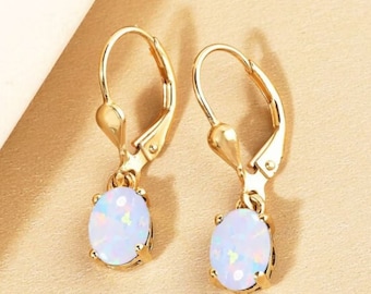 Ethiopian Opal Leverback Earrings, 14K Gold Dangle, Anniversary Gift