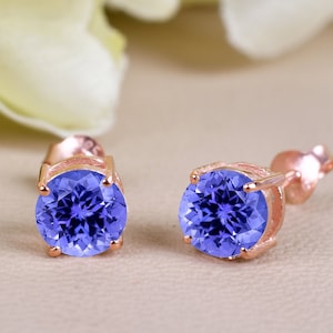 Tanzanite Earring, Everyday Earring Studs ,14K Gold Earring, Tanzanite Bridal Gift, Women Earing Studs, Round 6.0MM Bridesmaid Earring, Gift