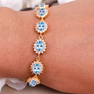 Aquamarine Diamond Bracelet, Women Chain bracelet, Oval Aquamarine Bracelet, Wedding Engagement Gifts, Yellow gold bracelet, Gifts For Her